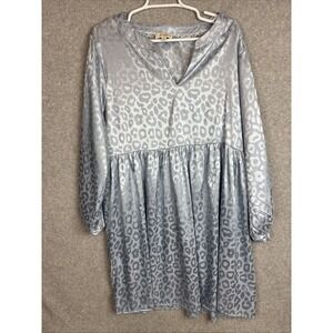 Umgee Women's Mini Dress Blue Sz 1XL Animal Print Long Sleeve Babydoll Empire